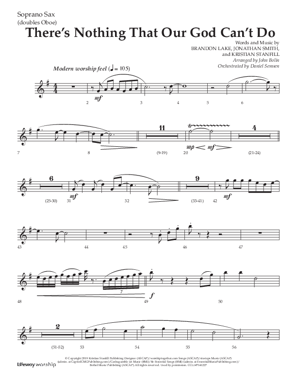 There's Nothing That Our God Can't Do (Choral Anthem SATB) Soprano Sax (Lifeway Choral / Arr. John Bolin / Orch. Daniel Semsen)
