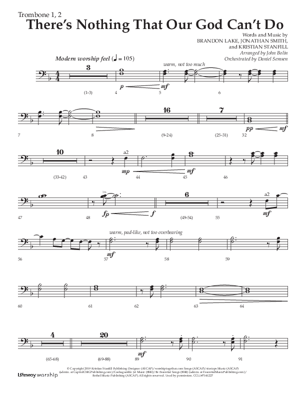 There's Nothing That Our God Can't Do (Choral Anthem SATB) Trombone 1/2 (Lifeway Choral / Arr. John Bolin / Orch. Daniel Semsen)