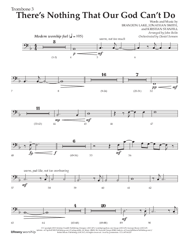 There's Nothing That Our God Can't Do (Choral Anthem SATB) Trombone 3 (Lifeway Choral / Arr. John Bolin / Orch. Daniel Semsen)