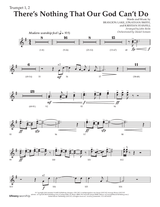 There's Nothing That Our God Can't Do (Choral Anthem SATB) Trumpet 1,2 (Lifeway Choral / Arr. John Bolin / Orch. Daniel Semsen)