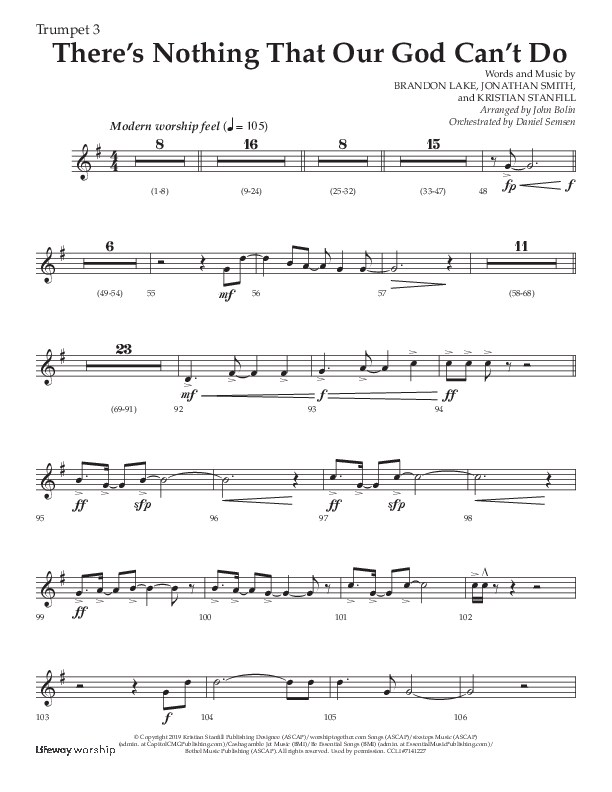 There's Nothing That Our God Can't Do (Choral Anthem SATB) Trumpet 3 (Lifeway Choral / Arr. John Bolin / Orch. Daniel Semsen)