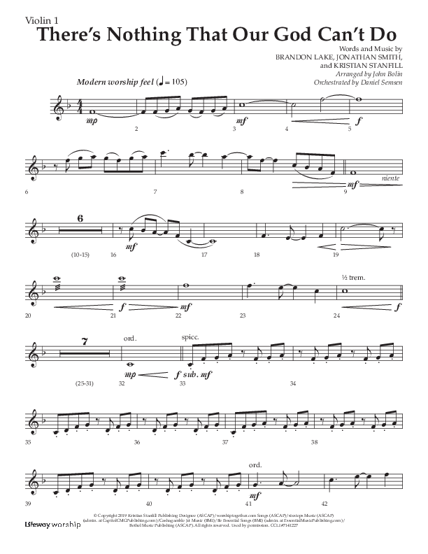 There's Nothing That Our God Can't Do (Choral Anthem SATB) Violin 1 (Lifeway Choral / Arr. John Bolin / Orch. Daniel Semsen)
