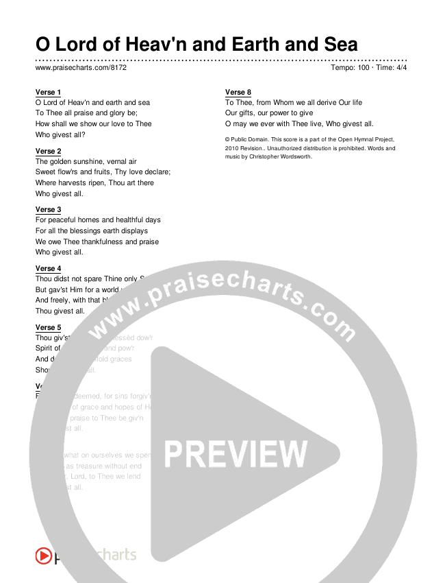 O Lord of Heav'n and Earth and Sea Lyrics (Traditional Hymn)