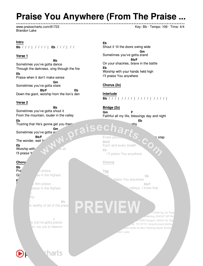 Praise You Anywhere (From The Praise Pit) Chords & Lyrics (Brandon Lake)