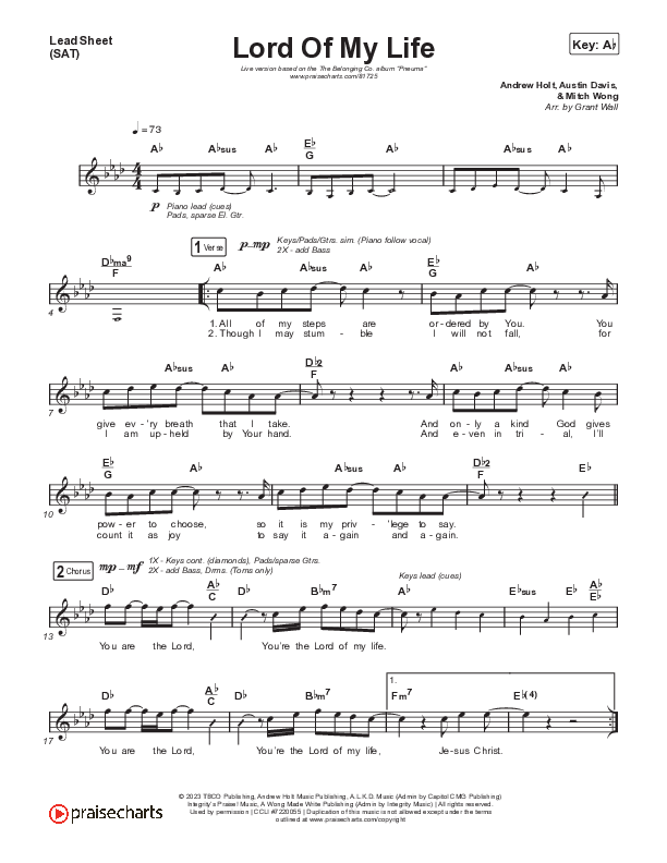 Lord Of My Life (Live) Lead Sheet (SAT) (The Belonging Co)
