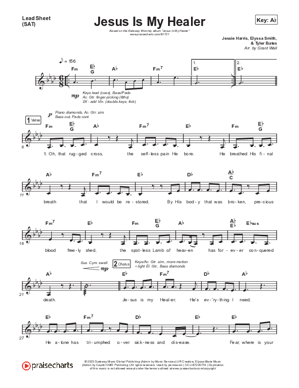 Jesus Is My Healer (Live) Lead Sheet (SAT) (Gateway Worship / Jessie Harris)