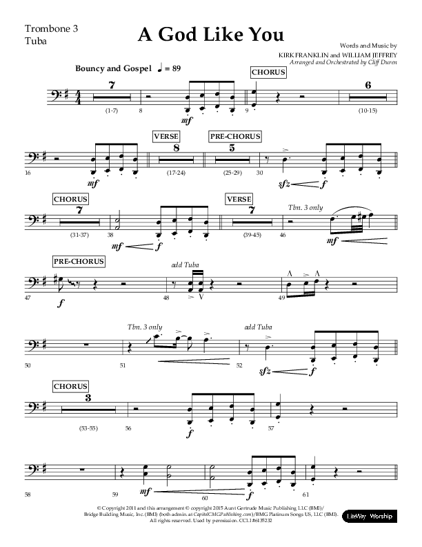 A God Like You (Choral Anthem SATB) Trombone 3/Tuba (Lifeway Choral / Arr. Cliff Duren)