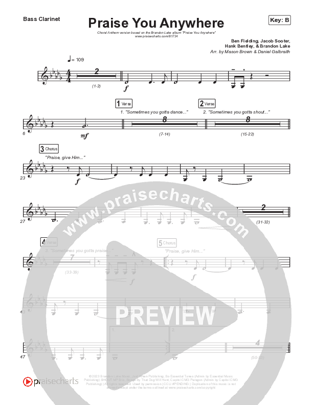 Praise You Anywhere (Choral Anthem SATB) Clarinet 1,2 (Brandon Lake / Arr. Mason Brown)