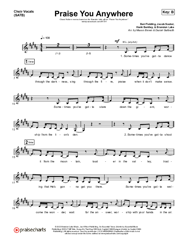 Praise You Anywhere (Choral Anthem SATB) Choir Sheet (SATB) (Brandon Lake / Arr. Mason Brown)