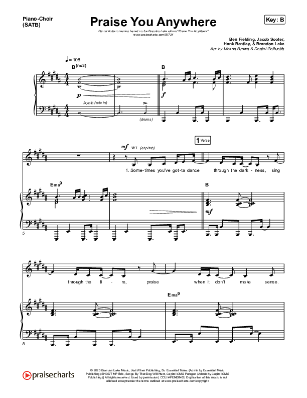 Praise You Anywhere (Choral Anthem SATB) Piano/Vocal (SATB) (Brandon Lake / Arr. Mason Brown)