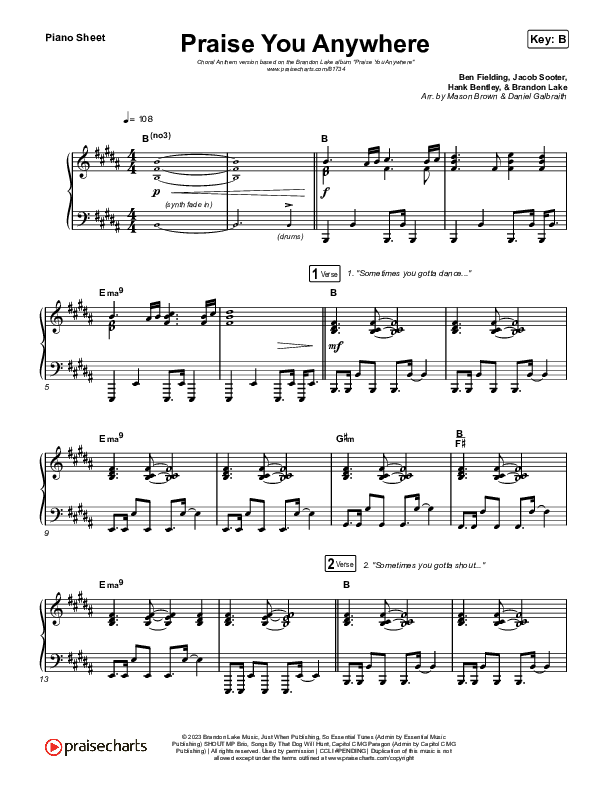 Praise You Anywhere (Choral Anthem SATB) Piano Sheet (Brandon Lake / Arr. Mason Brown)