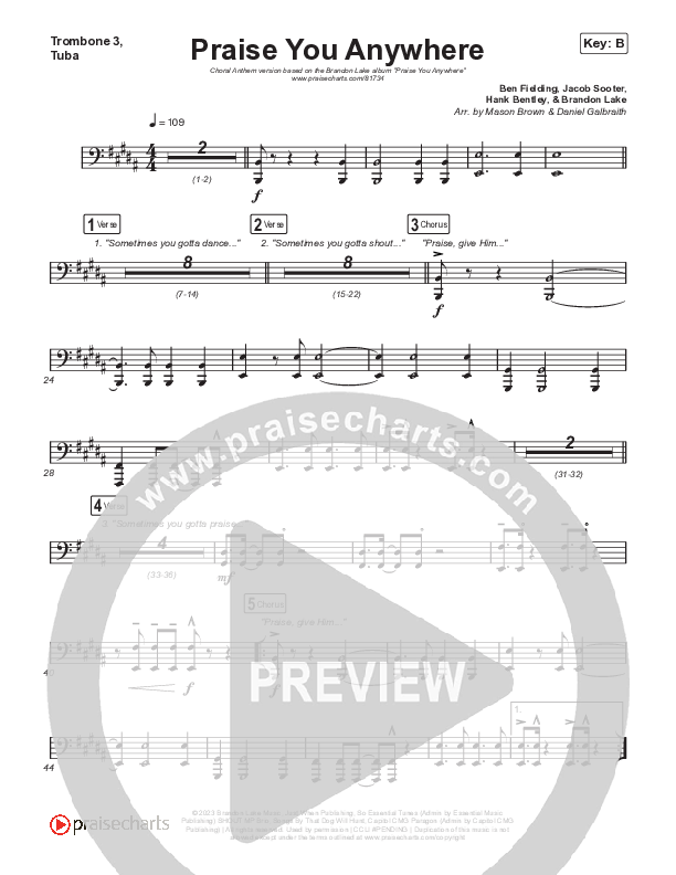 Praise You Anywhere (Choral Anthem SATB) Trombone 1,2 (Brandon Lake / Arr. Mason Brown)