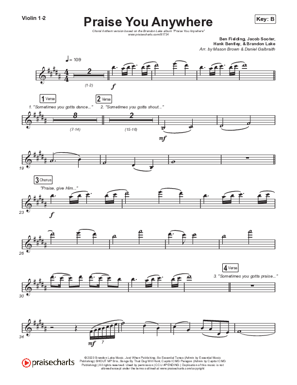 Praise You Anywhere (Choral Anthem SATB) Violin 1,2 (Brandon Lake / Arr. Mason Brown)