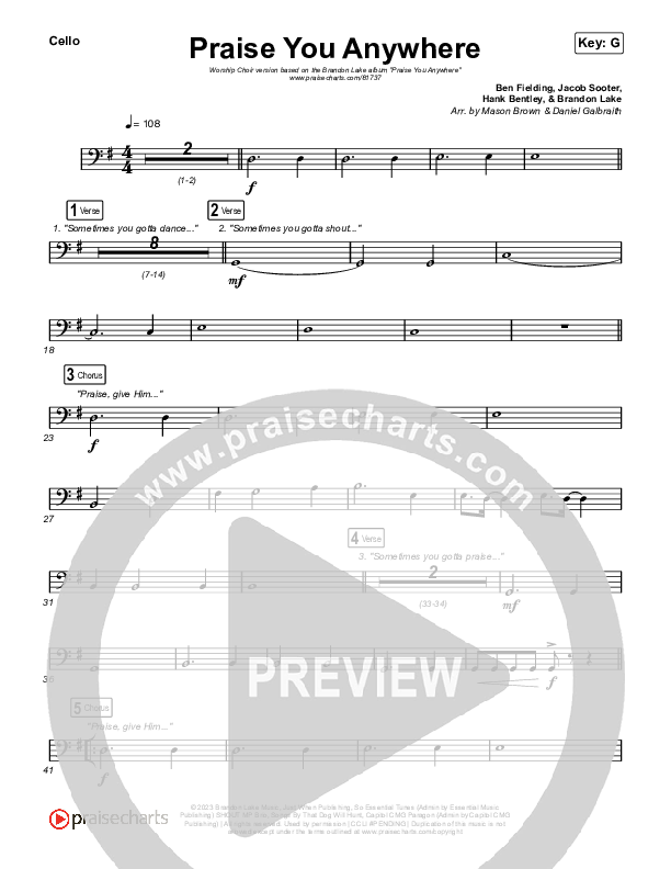 Praise You Anywhere (Worship Choir/SAB) Cello (Brandon Lake / Arr. Mason Brown)