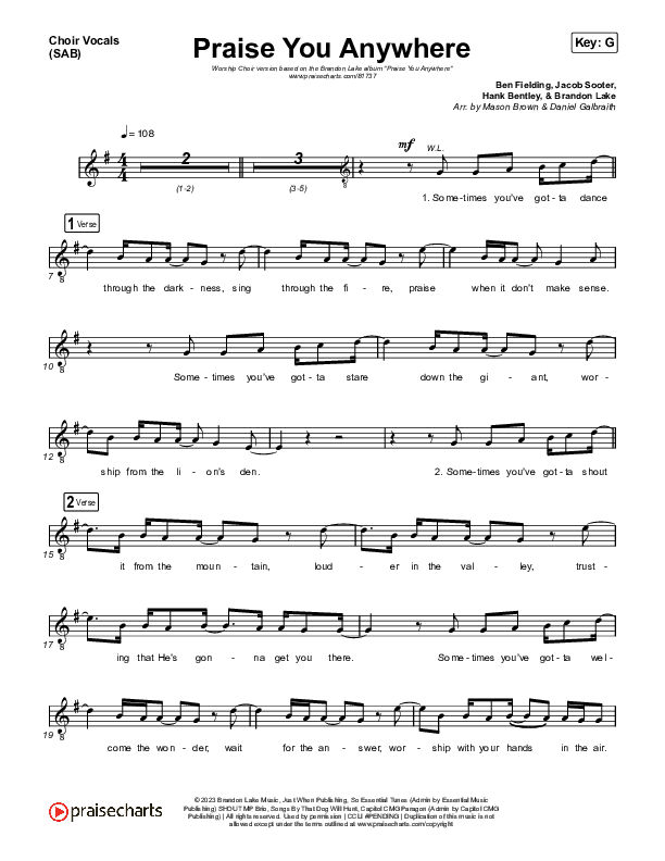 Praise You Anywhere (Worship Choir/SAB) Choir Sheet (SAB) (Brandon Lake / Arr. Mason Brown)