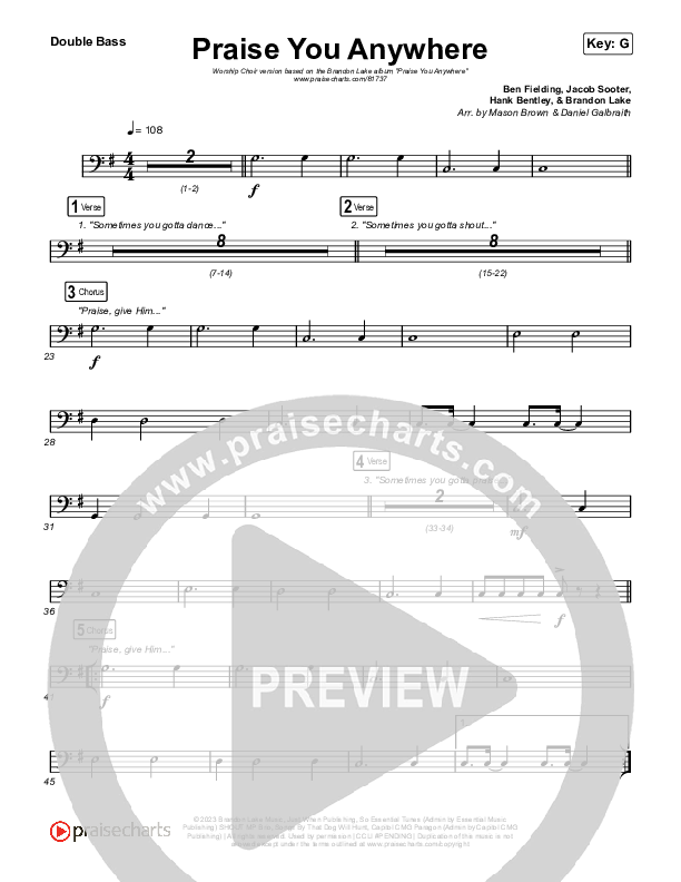 Praise You Anywhere (Worship Choir/SAB) Double Bass (Brandon Lake / Arr. Mason Brown)