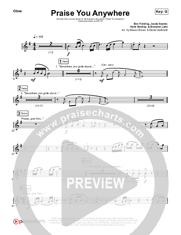 Praise You Anywhere (Worship Choir/SAB) Oboe (Brandon Lake / Arr. Mason Brown)