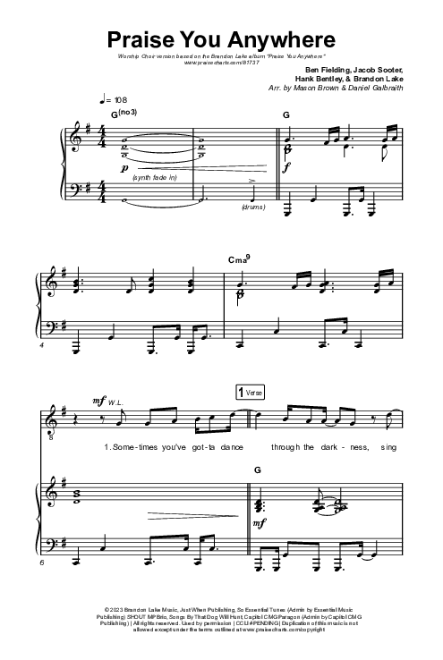 Praise You Anywhere (Worship Choir/SAB) Octavo (SAB & Pno) (Brandon Lake / Arr. Mason Brown)