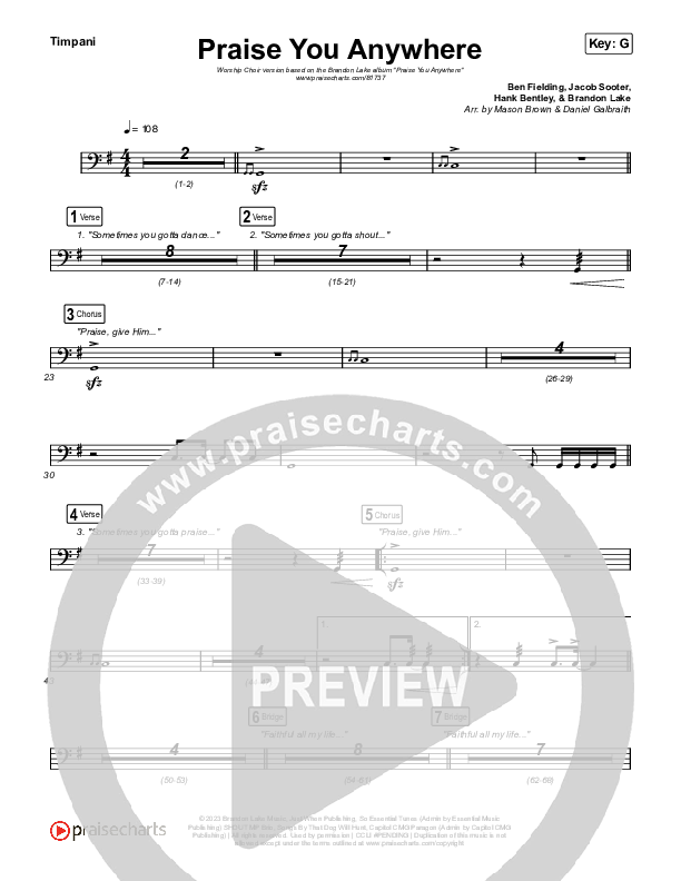 Praise You Anywhere (Worship Choir/SAB) Timpani (Brandon Lake / Arr. Mason Brown)