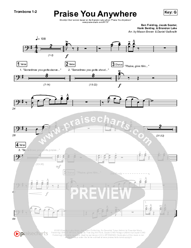 Praise You Anywhere (Worship Choir/SAB) Trombone 1/2 (Brandon Lake / Arr. Mason Brown)