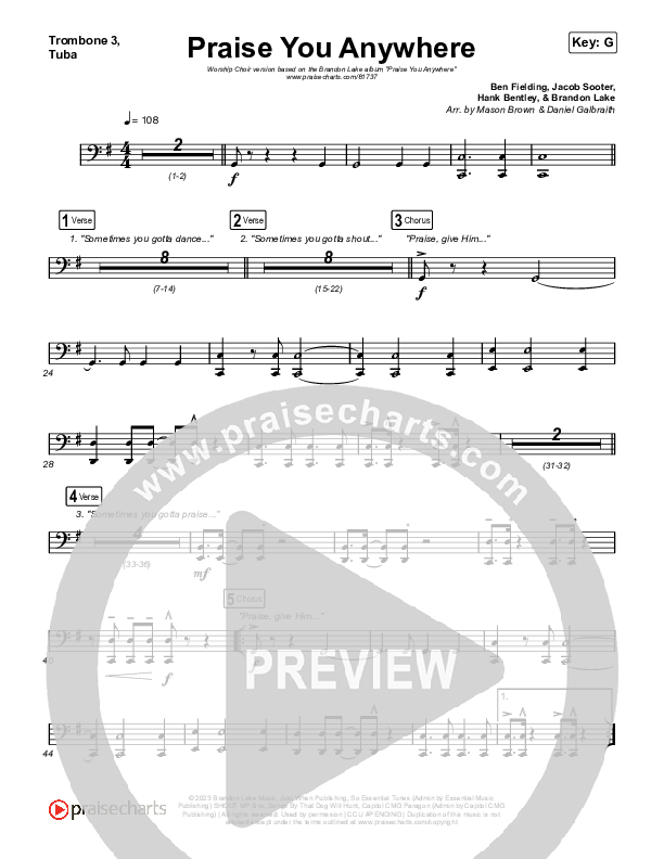 Praise You Anywhere (Worship Choir/SAB) Trombone 3/Tuba (Brandon Lake / Arr. Mason Brown)