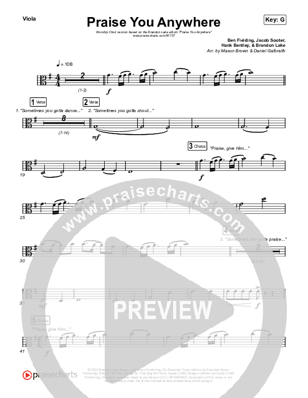 Praise You Anywhere (Worship Choir/SAB) Viola (Brandon Lake / Arr. Mason Brown)