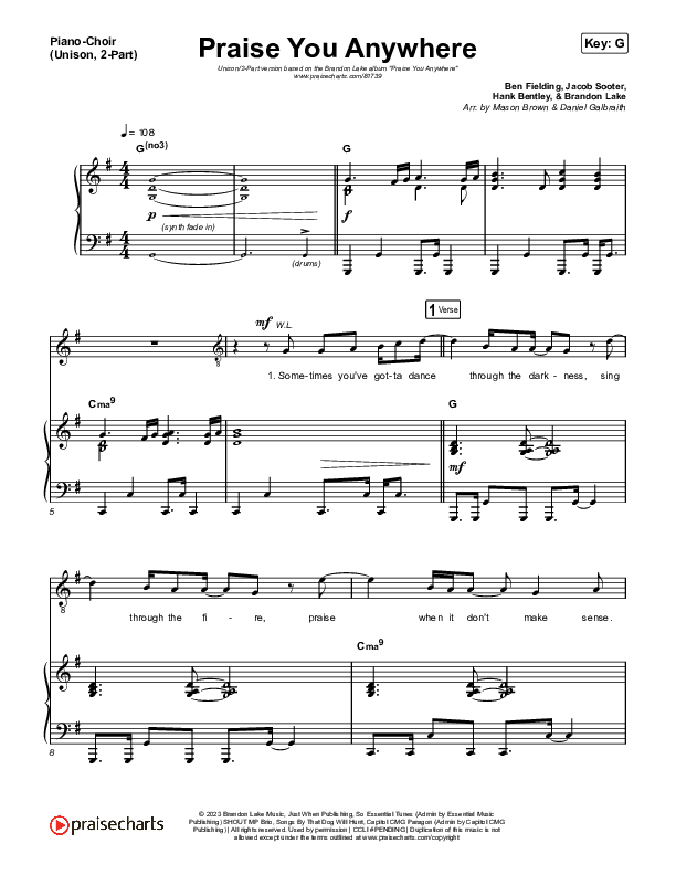 Praise You Anywhere (Unison/2-Part) Piano/Choir  (Uni/2-Part) (Brandon Lake / Arr. Mason Brown)