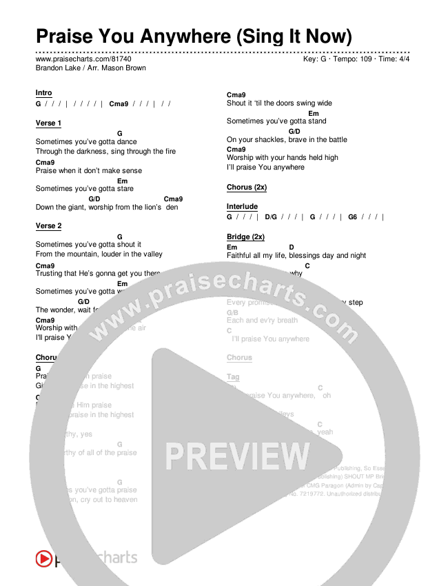 Praise You Anywhere (Sing It Now) Chords & Lyrics (Brandon Lake / Arr. Mason Brown)