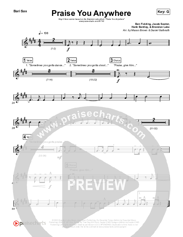Praise You Anywhere (Sing It Now) Bari Sax (Brandon Lake / Arr. Mason Brown)