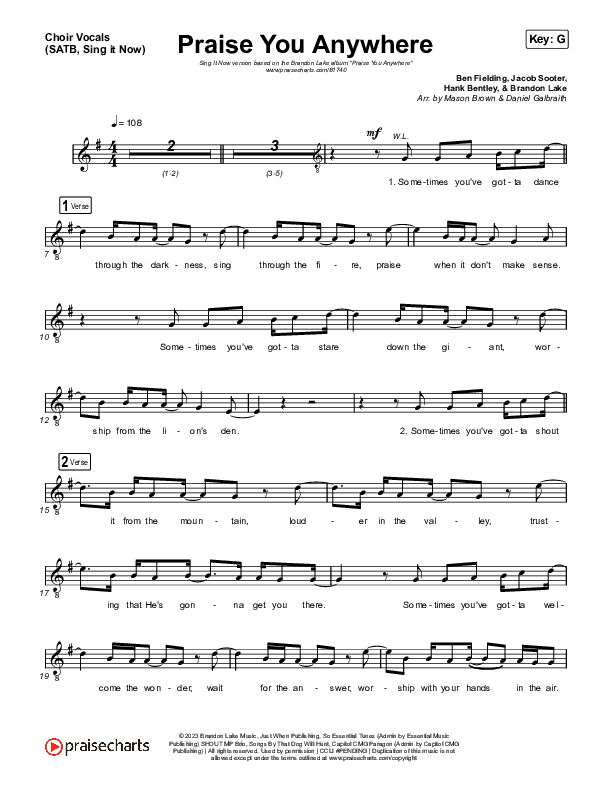 Praise You Anywhere (Sing It Now) Choir Sheet (SATB) (Brandon Lake / Arr. Mason Brown)