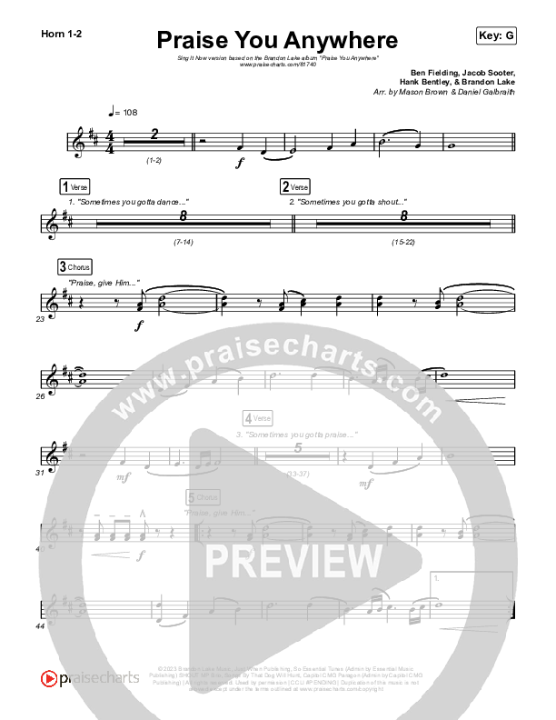 Praise You Anywhere (Sing It Now) French Horn 1/2 (Brandon Lake / Arr. Mason Brown)