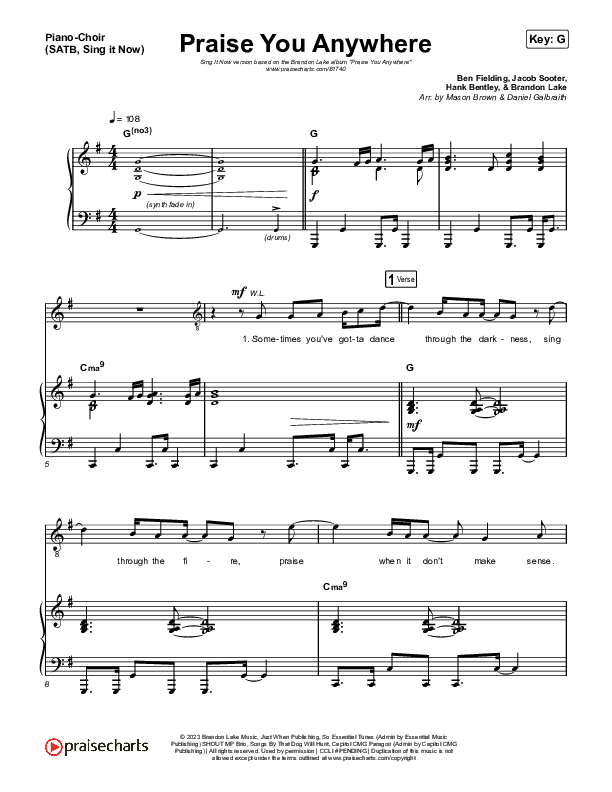 Praise You Anywhere (Sing It Now) Piano/Choir (SATB) (Brandon Lake / Arr. Mason Brown)