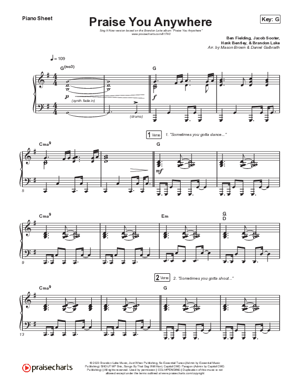 Praise You Anywhere (Sing It Now) Piano Sheet (Brandon Lake / Arr. Mason Brown)