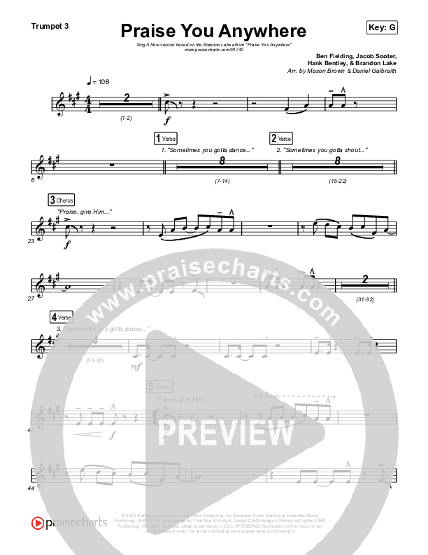 Praise You Anywhere (Sing It Now) Trumpet 3 (Brandon Lake / Arr. Mason Brown)
