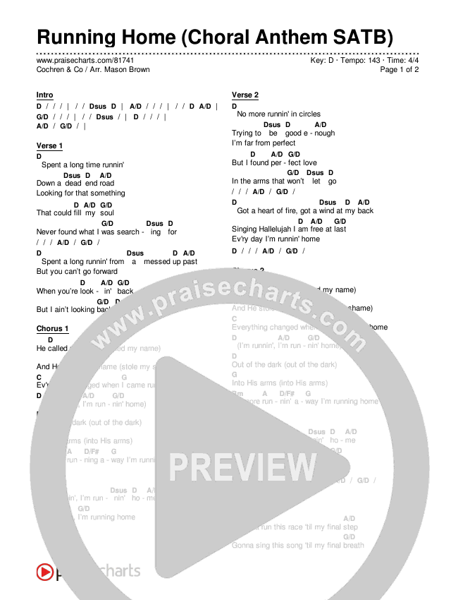 Running Home (Choral Anthem SATB) Chords & Lyrics (Cochren & Co / Arr. Mason Brown)