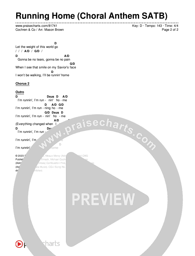 Running Home (Choral Anthem SATB) Chords & Lyrics (Cochren & Co / Arr. Mason Brown)