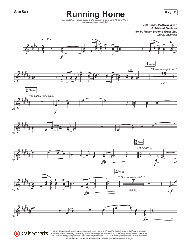 Running Home (Choral Anthem SATB) Sax Pack (Cochren & Co / Arr. Mason Brown)