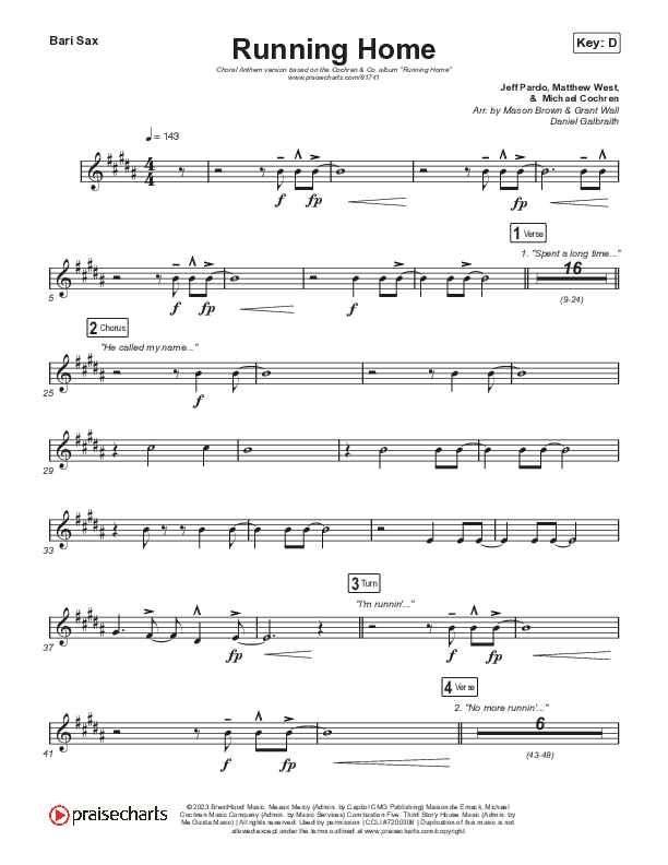 Running Home (Choral Anthem SATB) Bari Sax (Cochren & Co / Arr. Mason Brown)