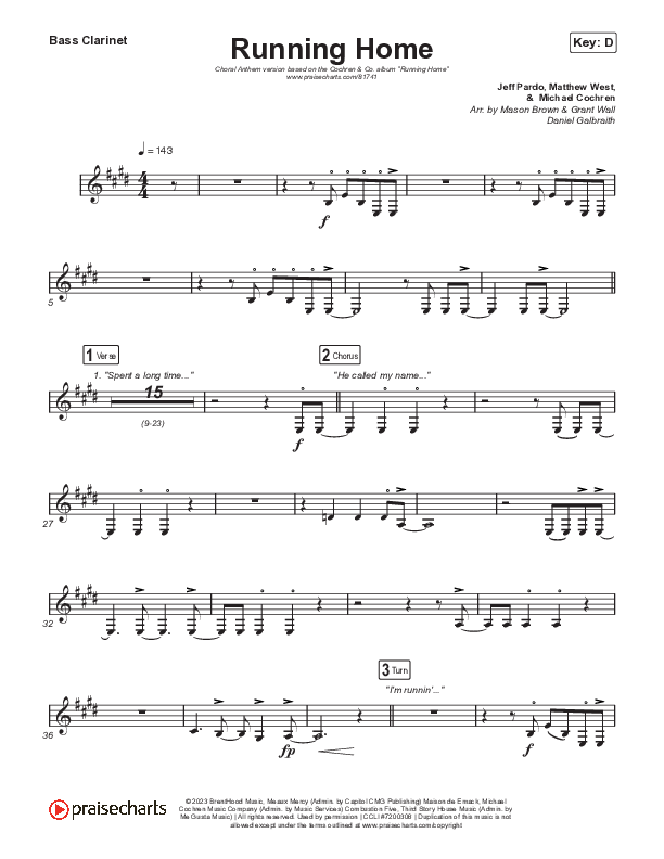 Running Home (Choral Anthem SATB) Bass Clarinet (Cochren & Co / Arr. Mason Brown)