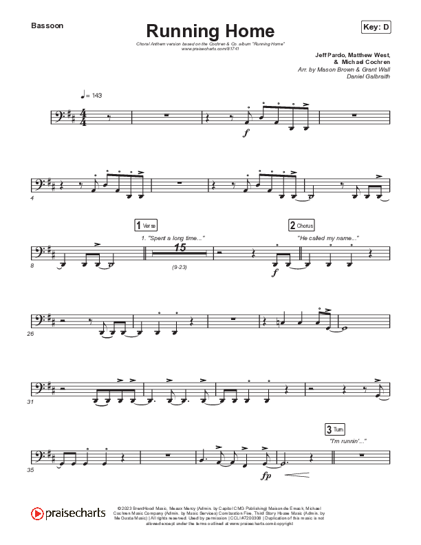 Running Home (Choral Anthem SATB) Bassoon (Cochren & Co / Arr. Mason Brown)