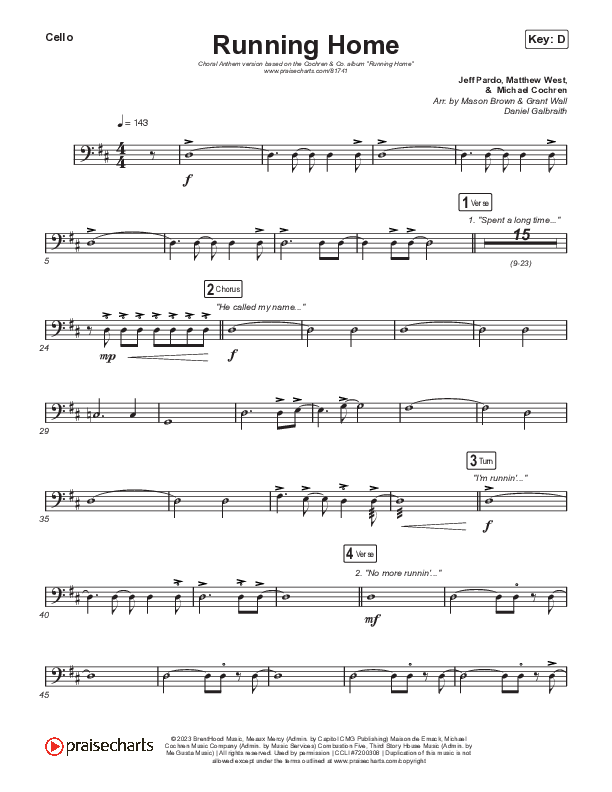 Running Home (Choral Anthem SATB) Cello (Cochren & Co / Arr. Mason Brown)