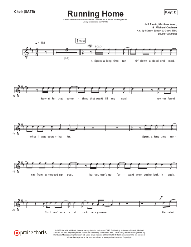 Running Home (Choral Anthem SATB) Choir Sheet (SATB) (Cochren & Co / Arr. Mason Brown)