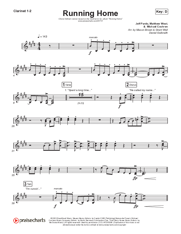 Running Home (Choral Anthem SATB) Clarinet 1,2 (Cochren & Co / Arr. Mason Brown)