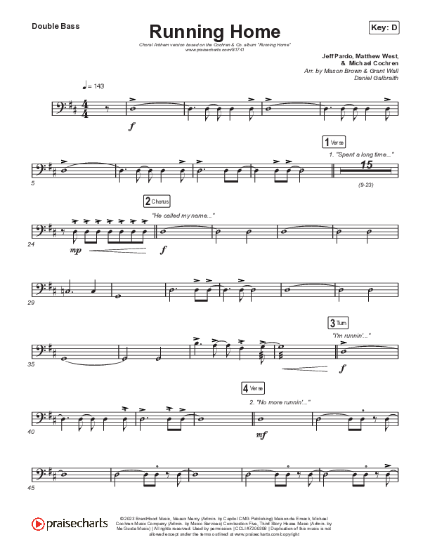 Running Home (Choral Anthem SATB) String Bass (Cochren & Co / Arr. Mason Brown)