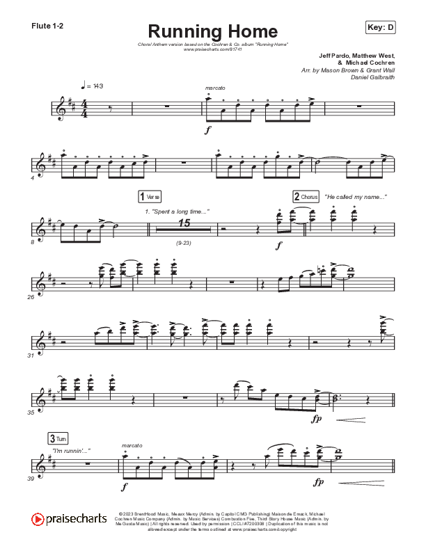 Running Home (Choral Anthem SATB) Flute 1,2 (Cochren & Co / Arr. Mason Brown)