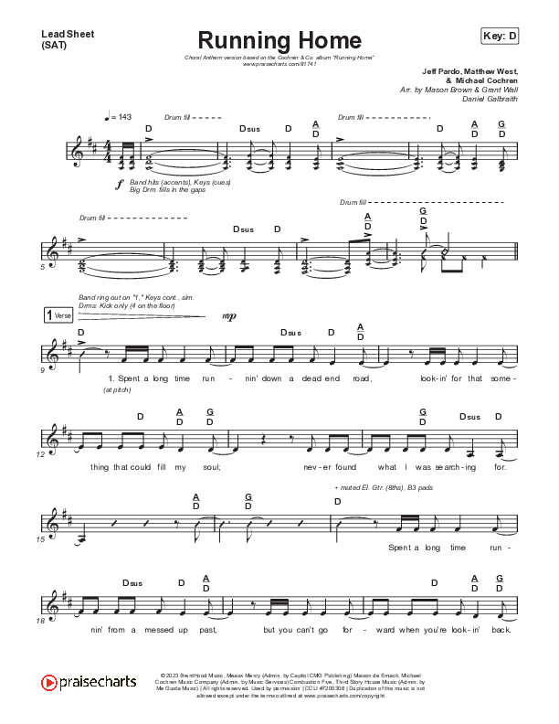 Running Home (Choral Anthem SATB) Lead Sheet (SAT) (Cochren & Co / Arr. Mason Brown)