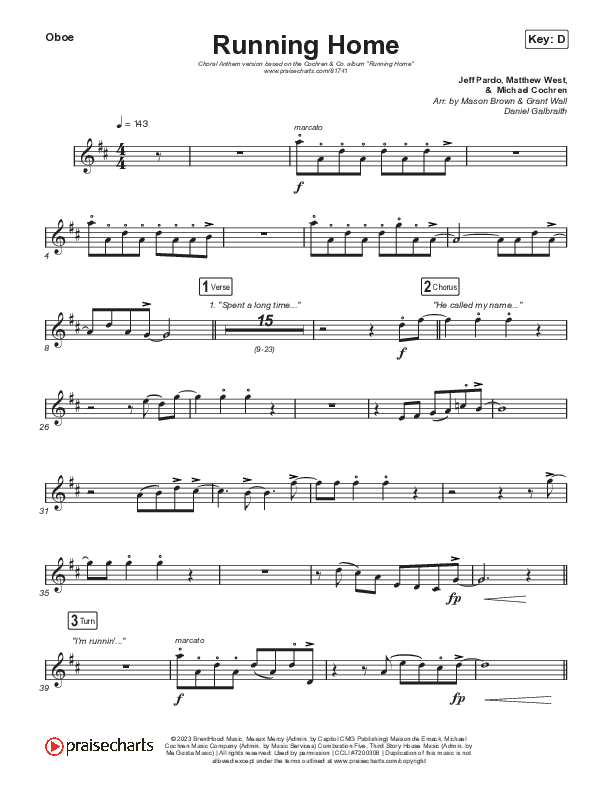 Running Home (Choral Anthem SATB) Oboe (Cochren & Co / Arr. Mason Brown)