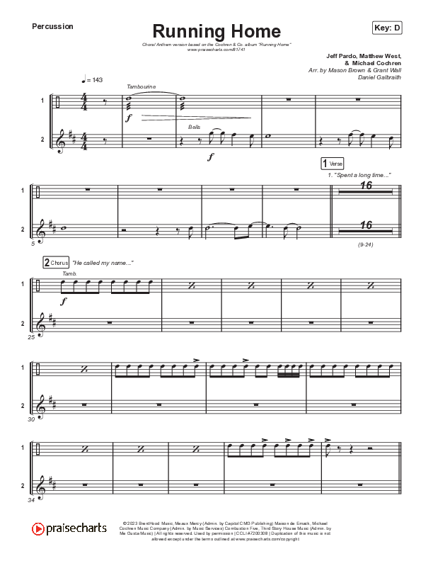Running Home (Choral Anthem SATB) Percussion (Cochren & Co / Arr. Mason Brown)