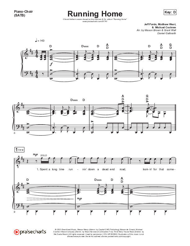 Running Home (Choral Anthem SATB) Piano/Vocal (SATB) (Cochren & Co / Arr. Mason Brown)