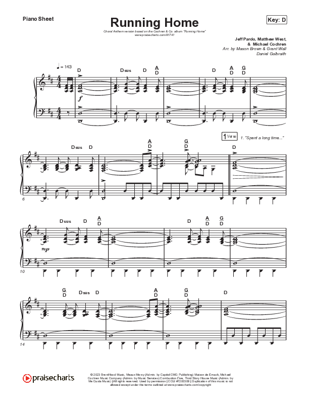 Running Home (Choral Anthem SATB) Piano Sheet (Cochren & Co / Arr. Mason Brown)